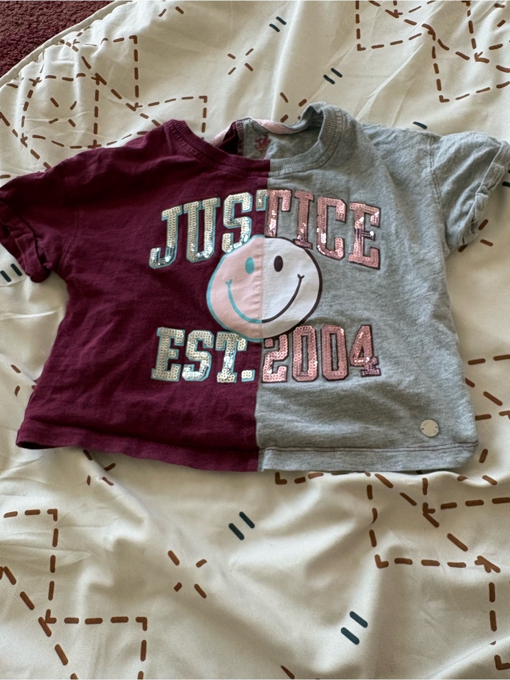 Justice Split Maroon & Gray Sequin Smile Tee